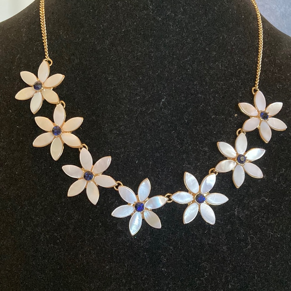 White Flower Statement Necklace with Blue Centers - Women Jewelry